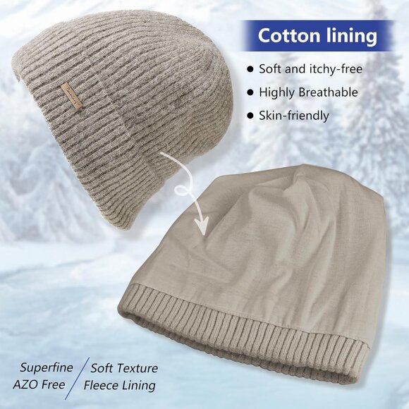 Womens Warm Knit Beanie Hat Cotton Lined Slouchy Winter Fall Thick Skull Cap - Picture 5 of 7